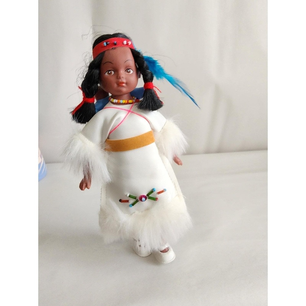 Vintage Native American Souvenir Doll Mother with Two Babies White Faux Fur 7.5"